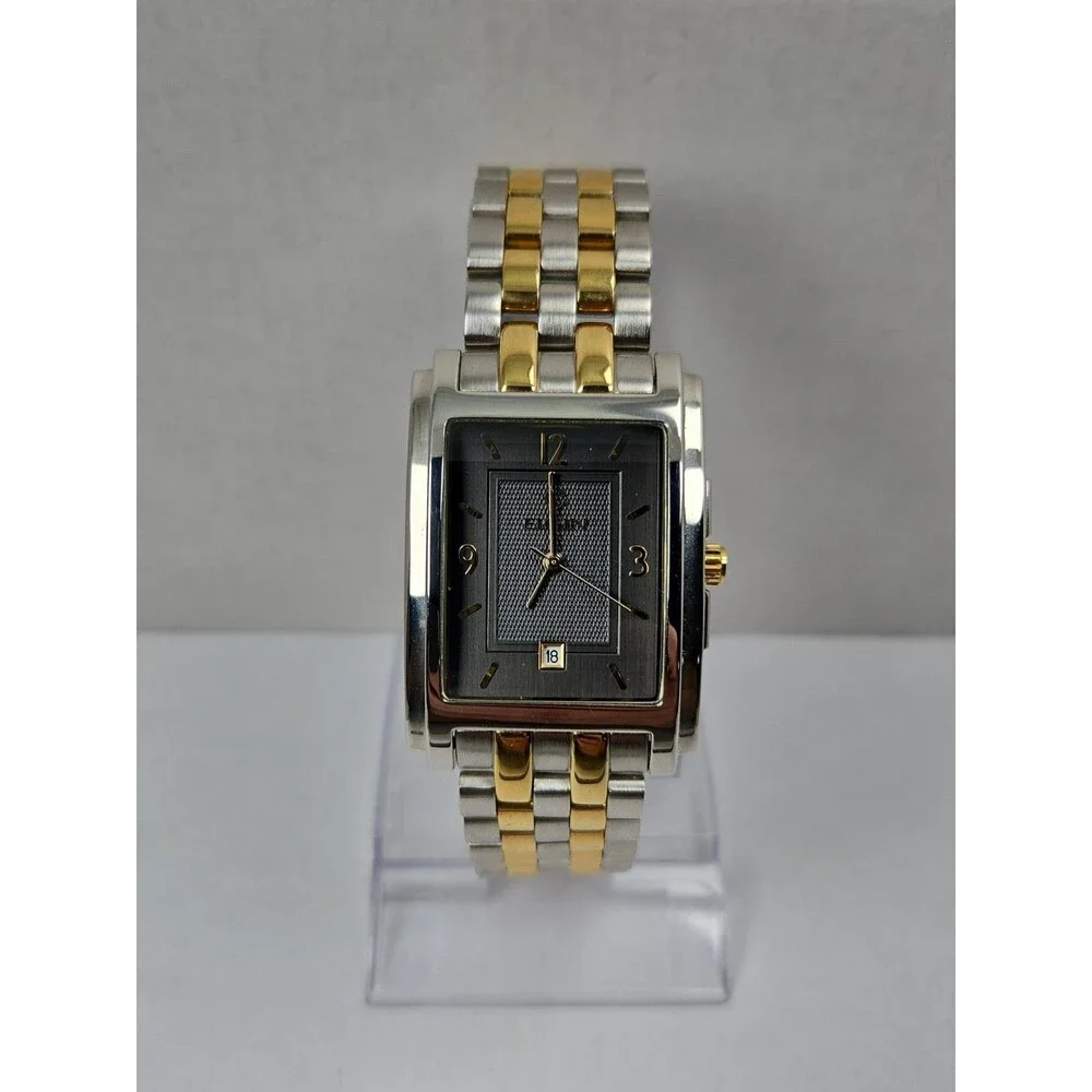 Vintage Elgin Mens Tank Watch Black Dial Two Tone Formal Date Quartz New Battery